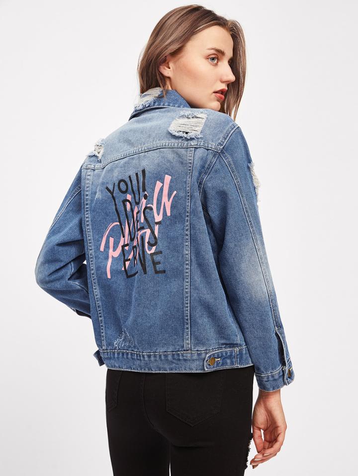 Shein Bleach Wash Letter Print Distressed Denim Jacket