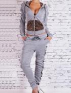 Shein Light Grey Hooded Leopard Top With Pant