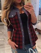 Shein Red Plaid Shirt With Contrast Patches And Trims