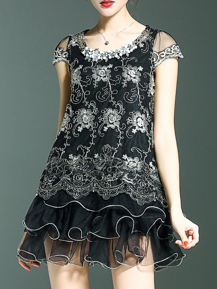 Shein Black Disc Flowers Beading Ruffle Dress