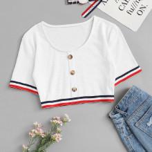 Shein Single Breasted Striped Tee