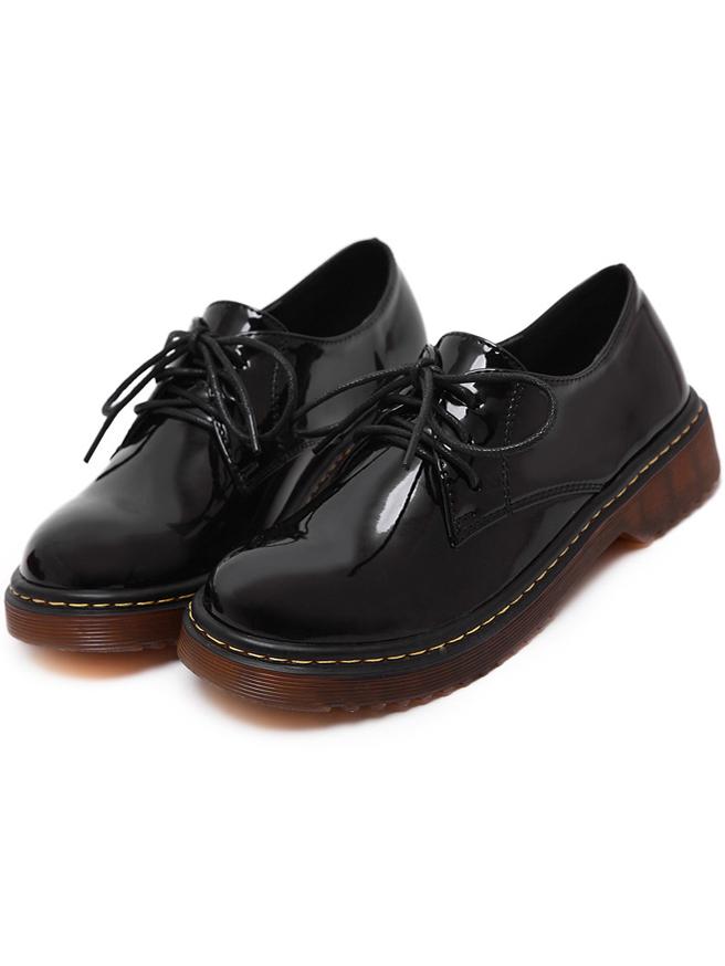 Shein Black Round Toe Patent Leather Lace Up Flats