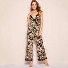 Shein Leopard Print Lace Trim Cami Jumpsuit