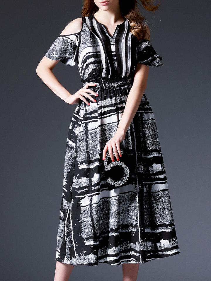 Shein Multicolor Open Shoulder Elastic-waist Midi Dress