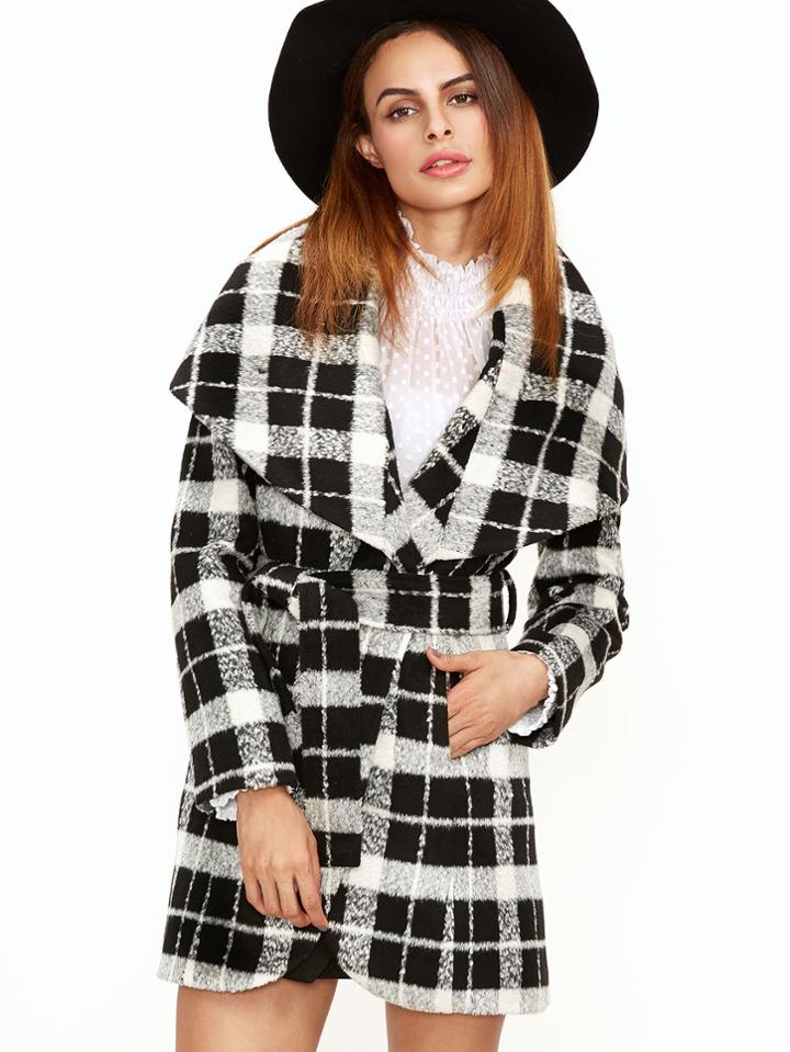 Shein Black And White Plaid Drape Collar Wrap Coat