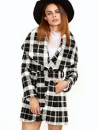 Shein Black And White Plaid Drape Collar Wrap Coat