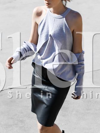 Shein Grey Crew Neck Cold Shoulder T-shirt
