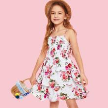 Shein Girls Shirred Panel Layered Ruffle Hem Floral Cami Dress