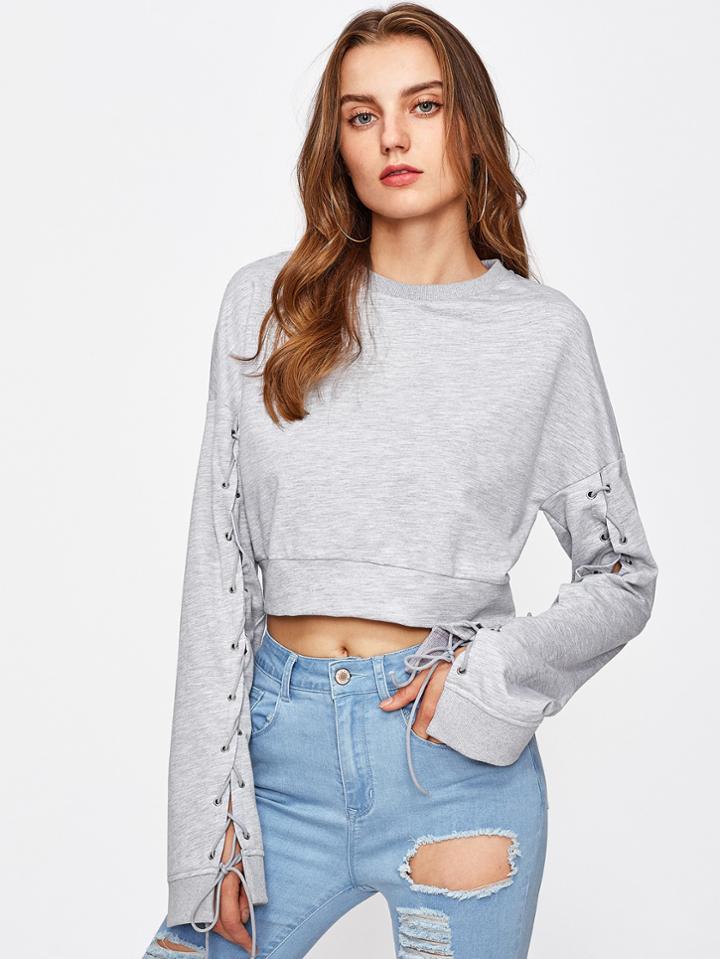 Shein Lace Up Sleeve Heathered Crop Sweatshirt