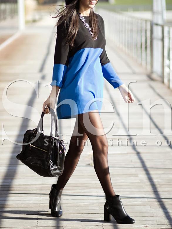 Shein Black Blue Long Sleeve Color Block Dress