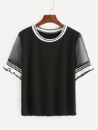 Shein Contrast Striped Trim Mesh Sleeve T-shirt - Black