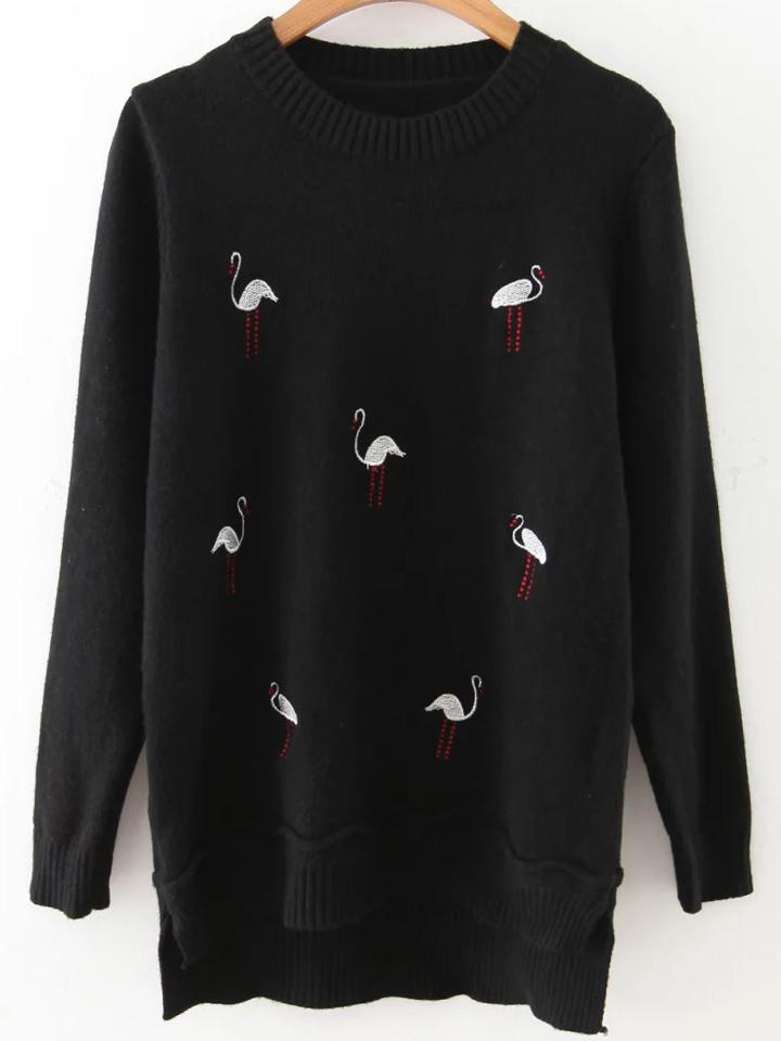 Shein Black Swan Embroidery High Low Knitwear