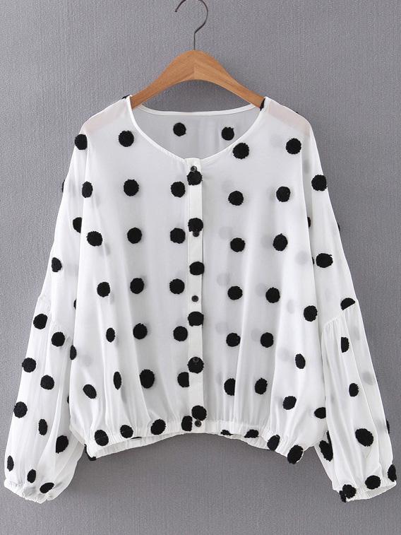 Shein Black White Lantern Sleeve Flocking Polka Dots Blouse