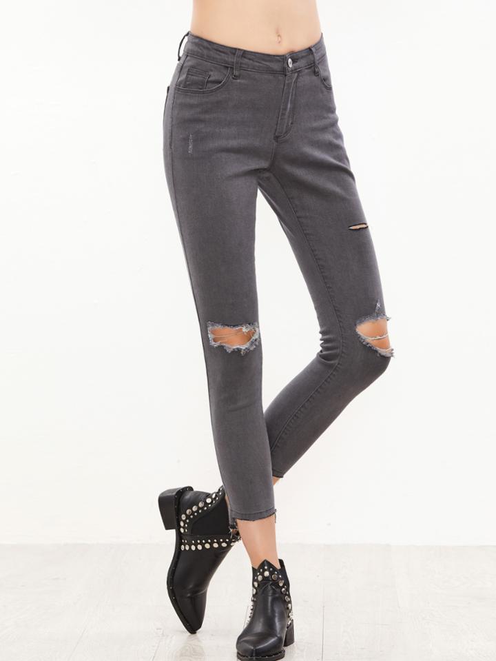 Shein Grey Knee Ripped Raw Hem Skinny Jeans