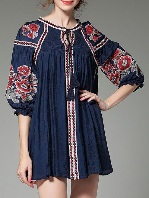Shein Navy Tie Neck Tribal Embroidered Shift Dress