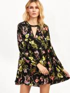 Shein Black Flower Print V Cut Shift Dress