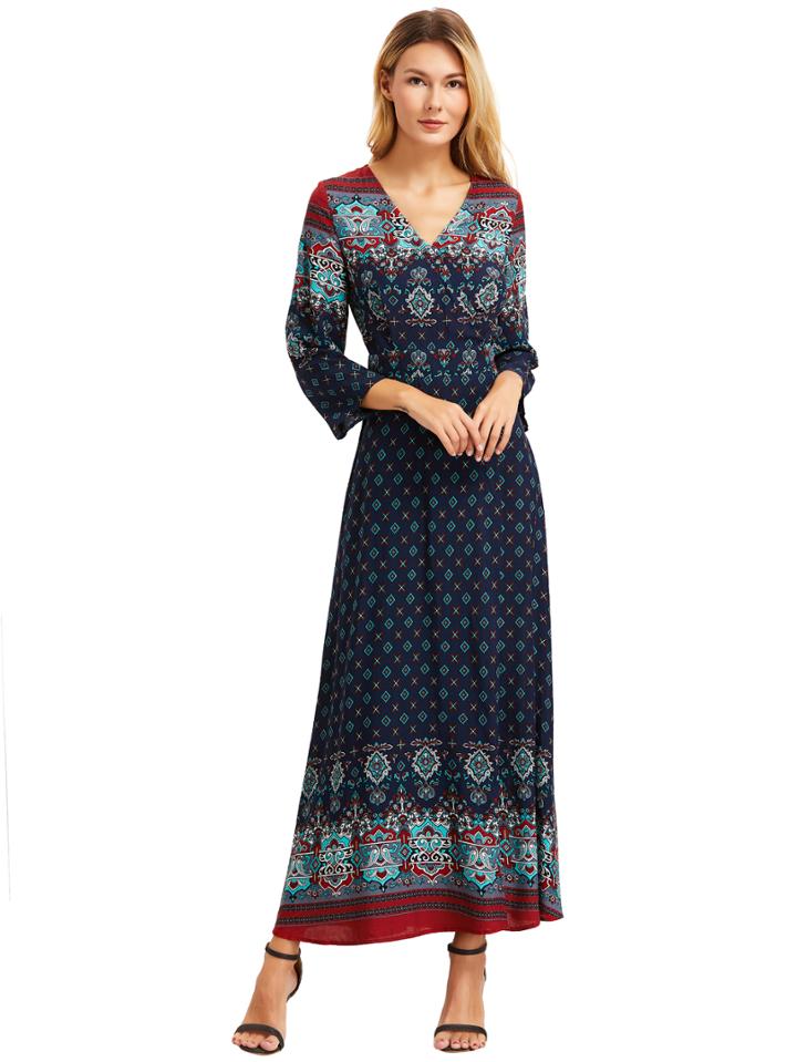 Shein Royal Blue Print V Neck Bell Sleeve Split Dress