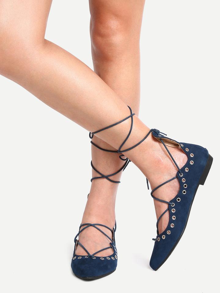 Shein Laser-cut Lace-up Pointed Toe Flats - Dark Blue
