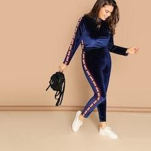 Shein Plus Mock-neck Letter Tape Velvet Top And Pants Set