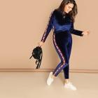 Shein Plus Mock-neck Letter Tape Velvet Top And Pants Set