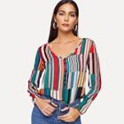 Shein V-cut Neck Button Front Striped Top