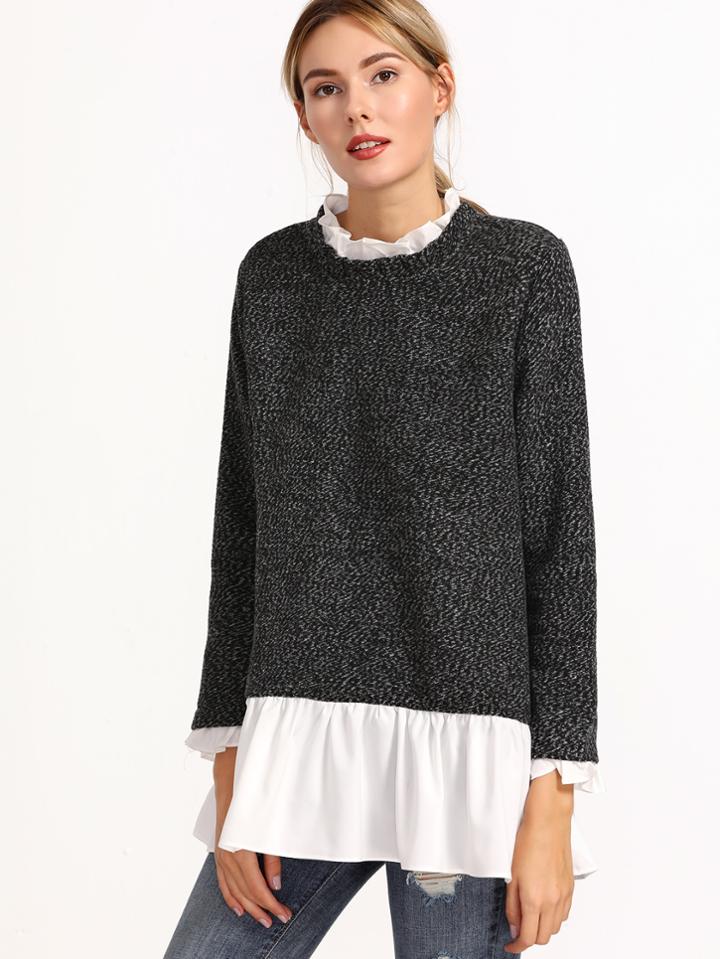 Shein Contrast Ruffle Collar Zip Back Sweater