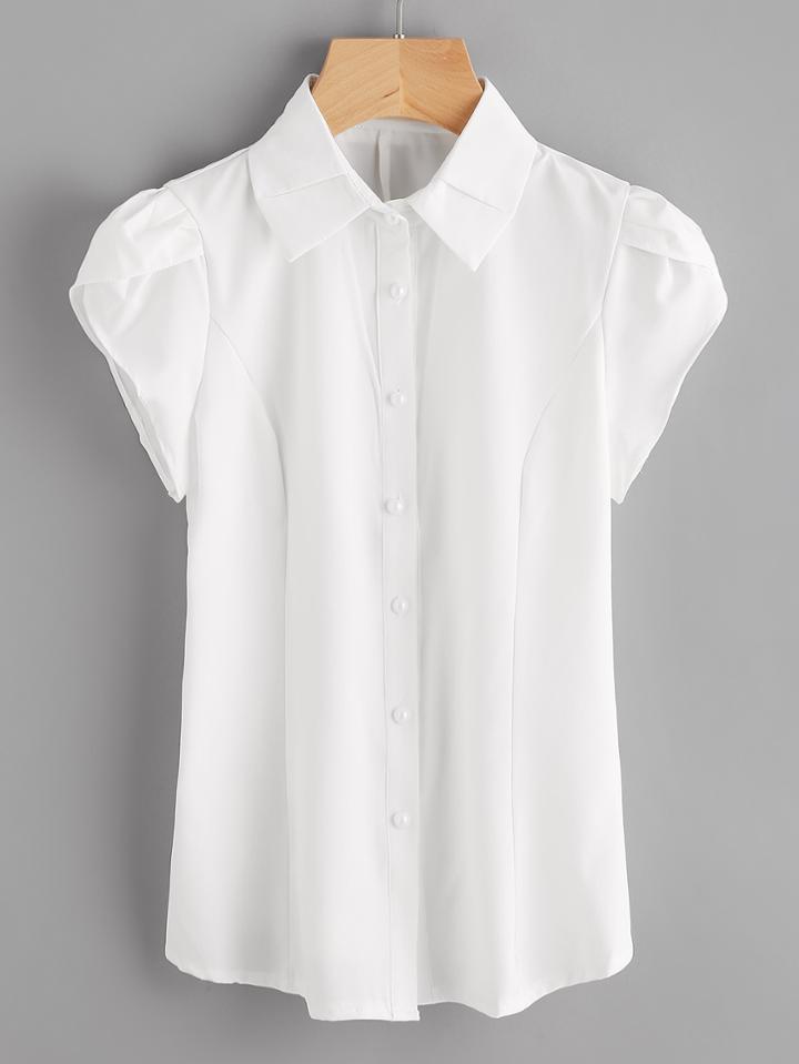Shein Petal Sleeve Point Collar Blouse