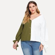 Shein Plus Two Tone Knot Cuff Blouse