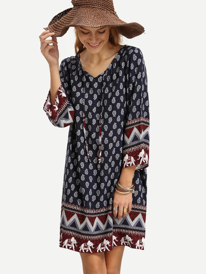 Shein Navy Lace Up Vintage Print Tunic Dress