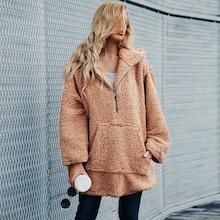 Shein Solid Zip Decoration Hooded Teddy Sweatshirt