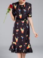 Shein Black Drinks Print Belted Frill Dress