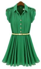 Shein Green Lapel Buttons Bandeau Pleated Chiffon Dress