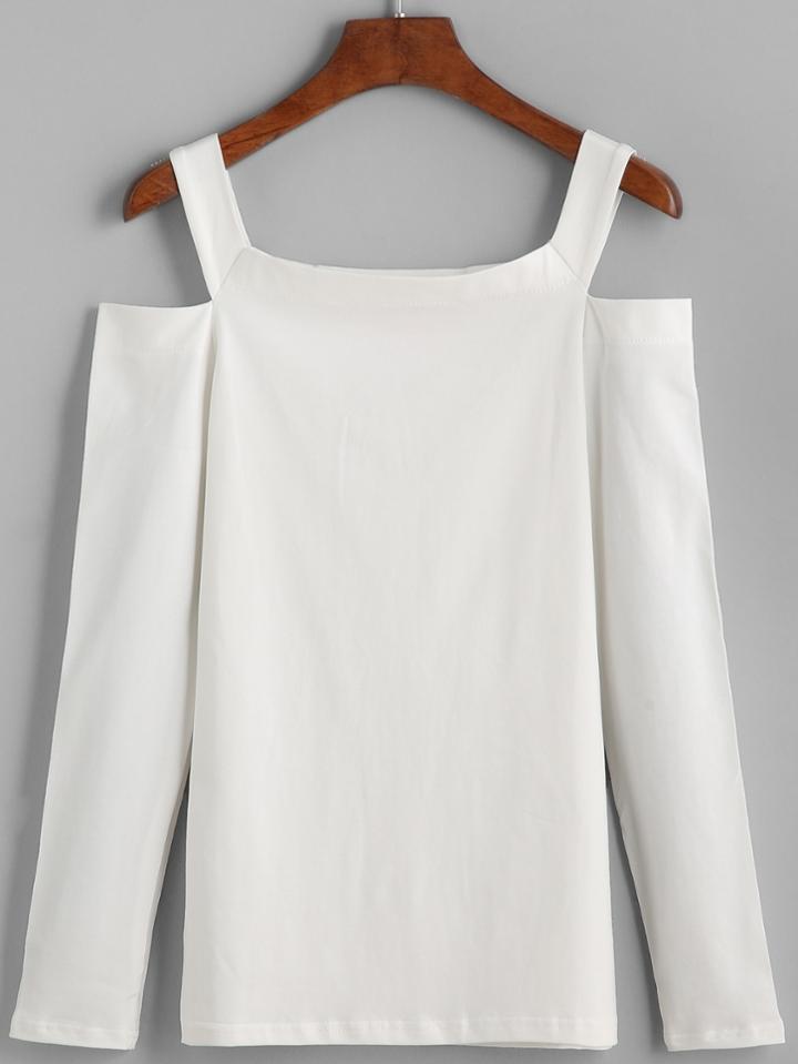 Shein White Open Shoulder Long Sleeve T-shirt