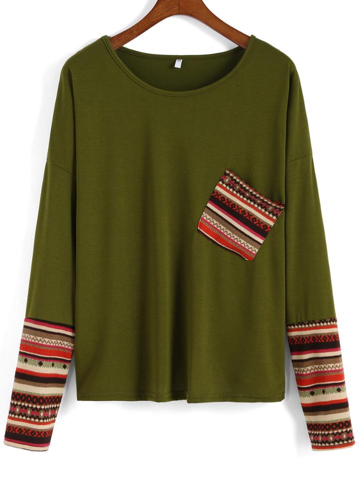 Shein Green Contrast Sleeve Pocket Loose T-shirt