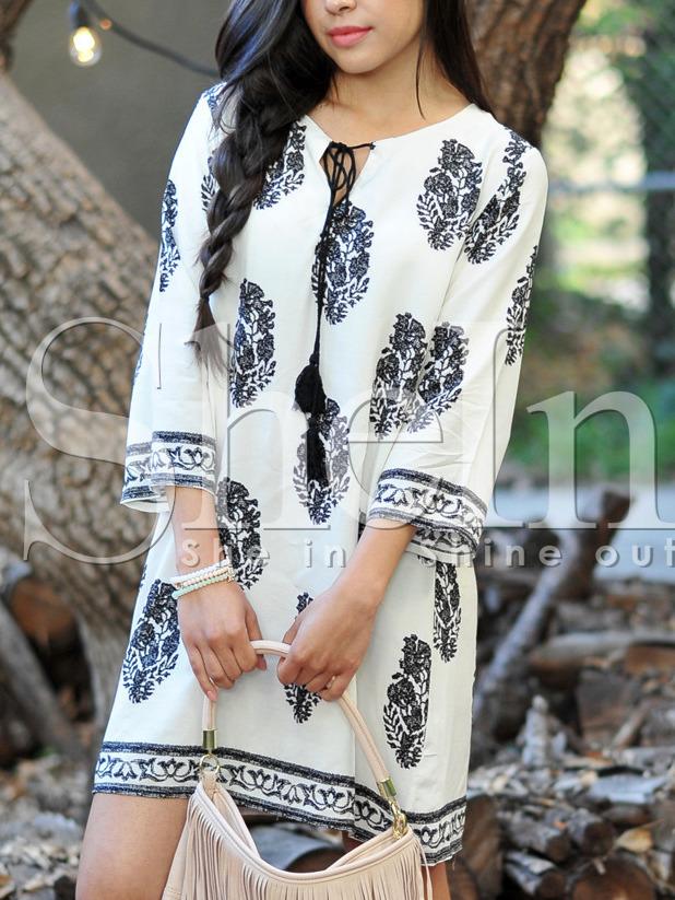 Shein White Long Sleeve Lacing Floral Print Dress
