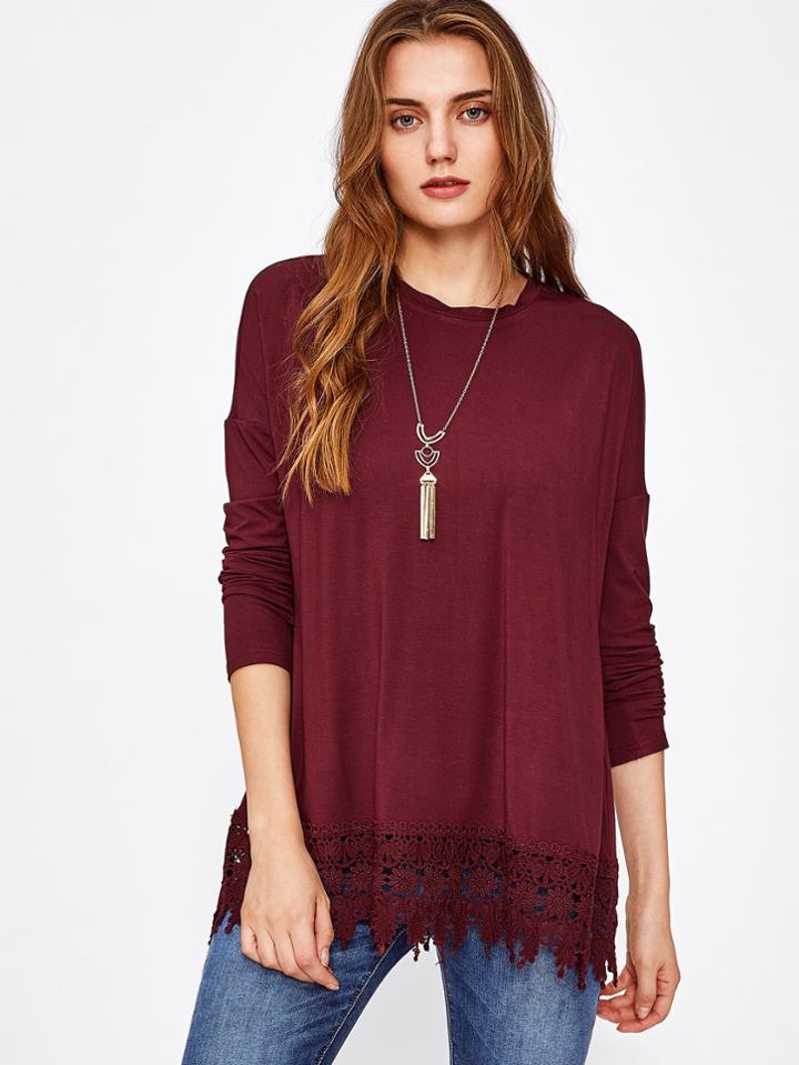 Shein Drop Shoulder Crochet Trim Tee