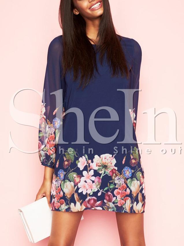 Shein Dark Blue Lantern Sleeve Floral Shift Dress