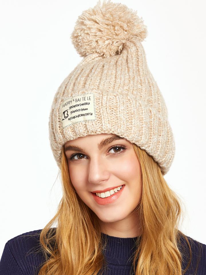 Shein Khaki Pom Pom Ribbed Knit Hat