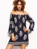 Shein Print Tie Tassel Fluted Sleeve Bardot Dress