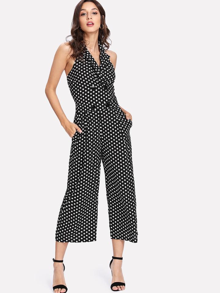 Shein Double Breasted Polka Dot Halter Jumpsuit