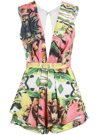 Shein Yellow Deep V Neck Vintage Floral Jumpsuit