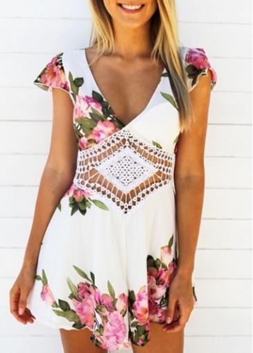 Rosewe Flower Print V Neck Pierced Romper