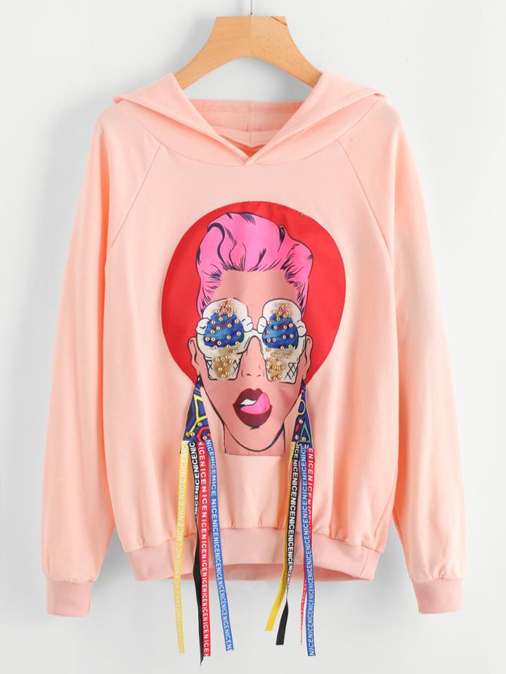 Shein Head Print Beaded Strap Detail Hoodie