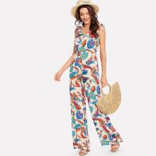 Shein Allover Leaf Print Self Tie Shoulder Wide Leg Jumpsuit