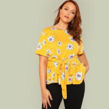 Shein Plus Self Belted Flower Print Tee