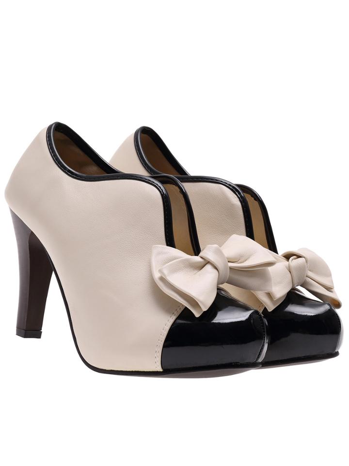 Shein Beige Black High Heel Bow Embellished Boots