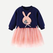 Shein Girls Mesh Hem Rabbit Patched Dress
