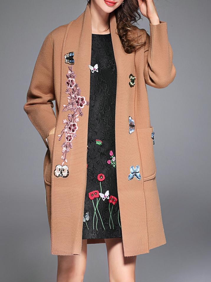 Shein Brown Butterfly Applique Pouf Pockets Coat