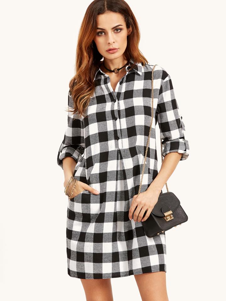 Shein Black And White Checkered Roll Tab Sleeve Shirt Dress