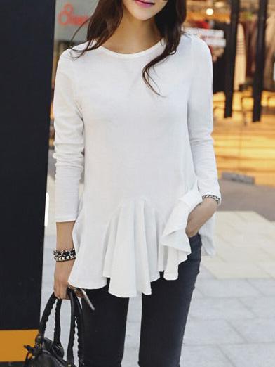 Shein White Round Neck Slim Ruffle Hem T-shirt